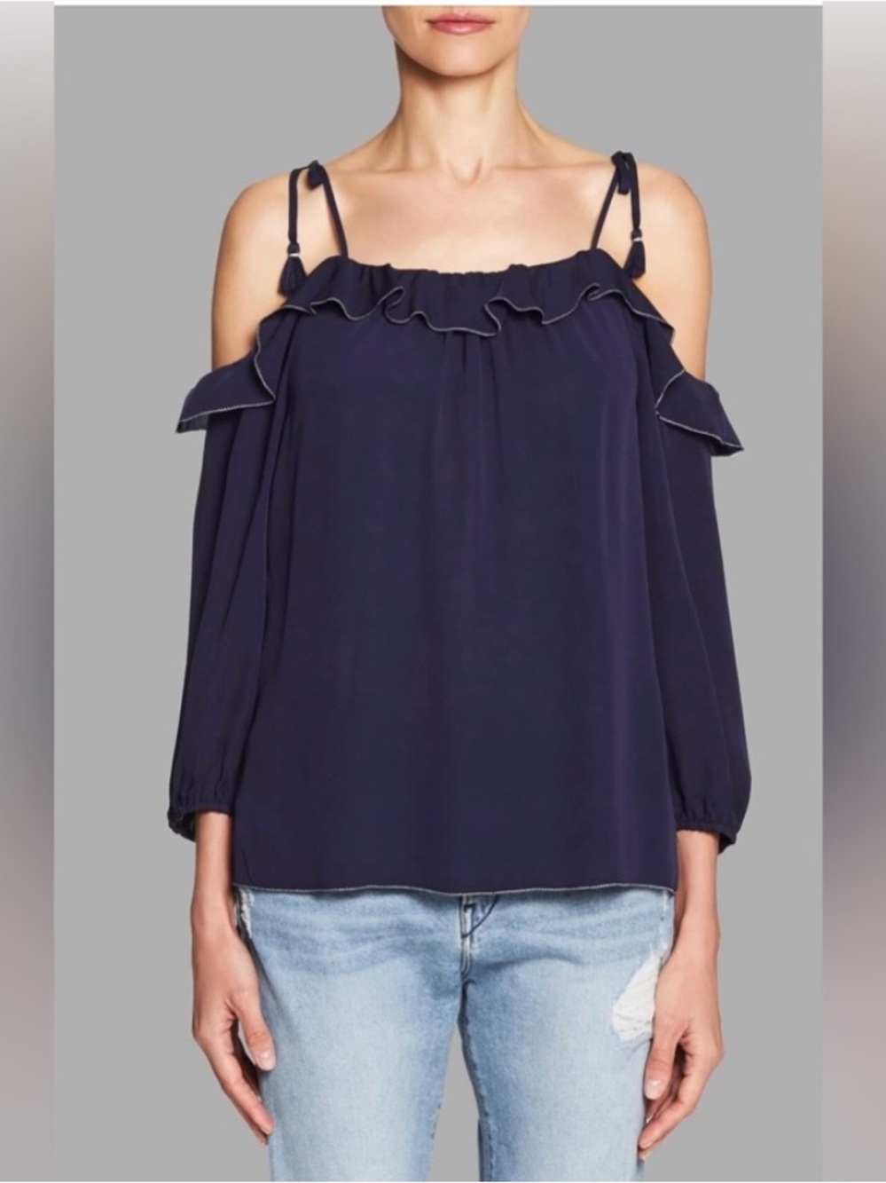 Joie “Eukene” 100% Navy Cold-Shoulder Ruffle Blouse